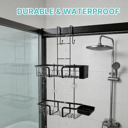 Widousy Over The Door Shower Caddy, No Drilling Shower Shelves Over Door with Soap Holders, Black Rustproof Shower Organizer over the Door, 10 Hooks, Bathroom Rack and Storage