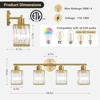 4 Light Bathroom Light Fixtures, Modern Crystal Vanity Lights over Mirror | Metal Frame, Bathroom Light with Square Crystal Shade, ETL Certified, E26 Ceramic Socket, Bulbs Not Included - color: Gold, size: 4-Light