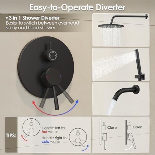 Gabrylly Shower System, 10" Bathtub Shower Faucets Set, Matte Black | All Metal Rain Shower Head with Handheld Spray Combo and Tub Spout, Luxury Bathroom Rainfall Shower Head Set With Valve - color: Black