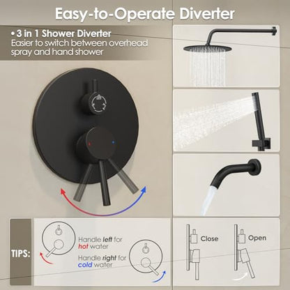 Gabrylly Shower System, 10" Bathtub Shower Faucets Set, Matte Black | All Metal Rain Shower Head with Handheld Spray Combo and Tub Spout, Luxury Bathroom Rainfall Shower Head Set With Valve - color: Black