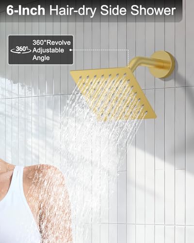 KOJOX Brushed Gold Dual Shower Head System – 11" Ceiling Rainfall + 6" Wall Mount Heads, 6-Mode Handheld Spray, Push-Button Diverter Faucet Set - color: Brushed Gold, size: 6''+11''