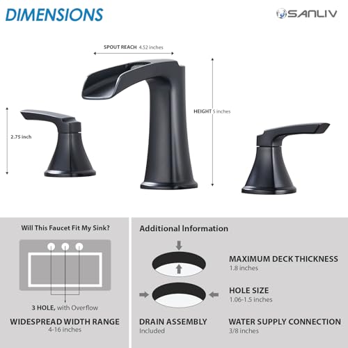 Matte Black Waterfall Bathroom Faucet, Sanliv 3-Piece Widespread Bathroom Sink Faucets, 2-Handle Vanity Faucet for 3-Hole Sinks 4-8 Inch with Pop-Up Drain, ‎Matte Black - color: Matte Black