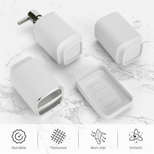4Pcs White Bathroom Set, Square Boho Soap & Toothbrush Holder Set | Thick shatterproof ABS, electroplated rust-proof pump, drip-free, multi-slot holder, dustproof lids, easy-clean - color: White, size: 4PCS