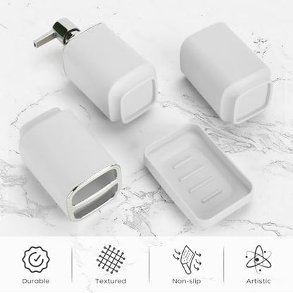 4Pcs White Bathroom Set, Square Boho Soap & Toothbrush Holder Set | Thick shatterproof ABS, electroplated rust-proof pump, drip-free, multi-slot holder, dustproof lids, easy-clean - color: White, size: 4PCS