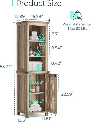 Farmhouse Storage Cabinet, Narrow Corner Linen Tower with Door & Adjustable Shelves,Versatile Bathroom & Living Room Organizer，Light Brown