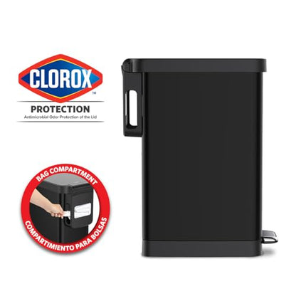 Glad Slim Trash Can with Clorox Odor Protection - Narrow Kitchen Garbage Bin with Soft Close Lid, Step On Foot Pedal and Waste Bag Roll Holder, Black, 12 Gallon/45 Liter - color: Black