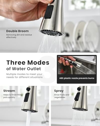 DAYONE 2 Handle Kitchen Faucet with Pull Down Sprayer, 3 Hole Sink Faucets with Separate Handle for Kitchen RV Laundry Bar, 3 Modes, SUS304 Stainless Steel, Brushed Nickel - color: Brushed Nickel, style: 2-handle