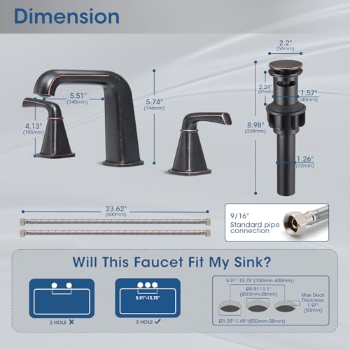 Widespread Bathroom Sink Faucet, Oil-Rubbed Bronze Bathroom Faucet 3 Hole，Brass Vanity Faucet with Pop Up Drain and 2 Supply Lines - color: B-Oil-Rubbed Bronze