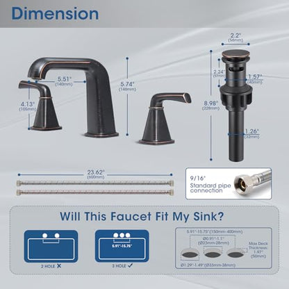 Widespread Bathroom Sink Faucet, Oil-Rubbed Bronze Bathroom Faucet 3 Hole，Brass Vanity Faucet with Pop Up Drain and 2 Supply Lines - color: B-Oil-Rubbed Bronze