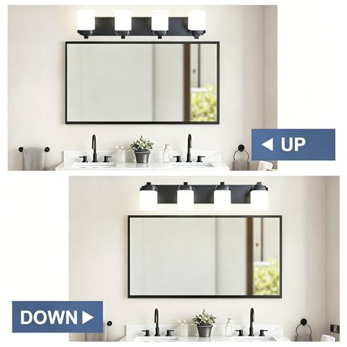 29 Inches Bathroom Vanity Light, 4-Light Black Bathroom Light Fixtures Over Mirror, Bathroom Light Shower Lamp with Milky White Square Glass Shade, Modern Farmhouse Lighting Fixtures - color: Black, size: 29 Inch : 4-lights