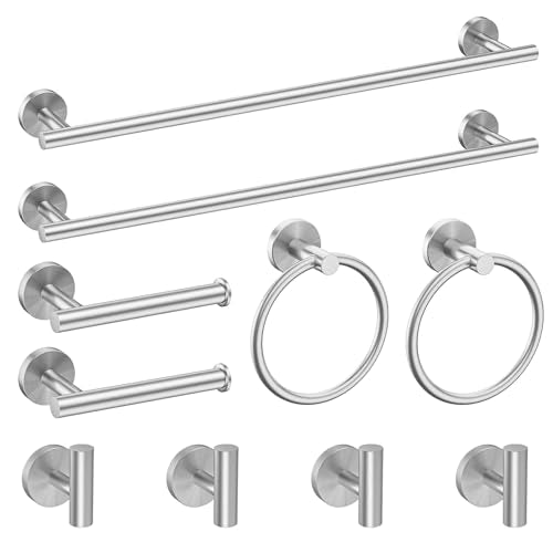 Newfun 10-Pieces Brushed Nickel Bathroom Hardware Set 24 Inch | Includes 24 Inch Towel Racks for Bathroom Wall Mounted, Toilet Paper Holder, Towel Hooks, Towel Rings for Bathroom Wall - color: Brushed Nickel-ring