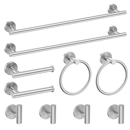 Newfun 10-Pieces Brushed Nickel Bathroom Hardware Set 24 Inch | Includes 24 Inch Towel Racks for Bathroom Wall Mounted, Toilet Paper Holder, Towel Hooks, Towel Rings for Bathroom Wall - color: Brushed Nickel-ring