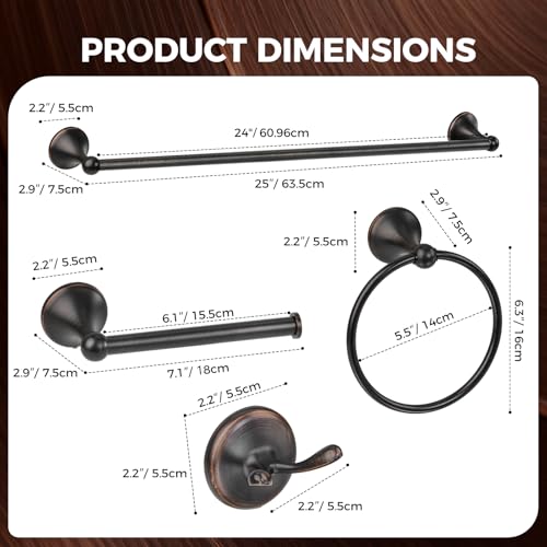 Bathroom Towel Bar Accessories Set，Oil Rubbed Bronze Bathroom Hardware Set, Includes 24In Towel Bar, Towel Ring, Robe Towel Hooks,Toilet Paper Holder, Bathroom Towel Rack Set
