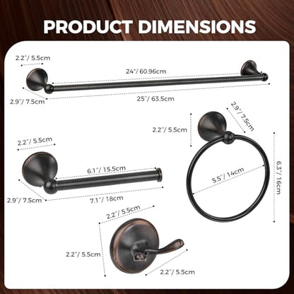 Bathroom Towel Bar Accessories Set，Oil Rubbed Bronze Bathroom Hardware Set, Includes 24In Towel Bar, Towel Ring, Robe Towel Hooks,Toilet Paper Holder, Bathroom Towel Rack Set