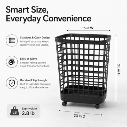 95L Large Plastic Laundry Hamper, Black, Slim Rectangular, Ventilated, Reinforced Handles,Tall Clothes Basket for Bathroom, Dorm, and Closet - size: 95L