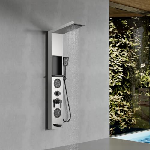 ELLO&ALLO Shower Panel System Tower with Shelf, Rainfall and Waterfall Head Rain Massage Stainless Steel Bathroom Fixtures with Adjustable Body Jets, Brushed&Black - color: Brushed&Black