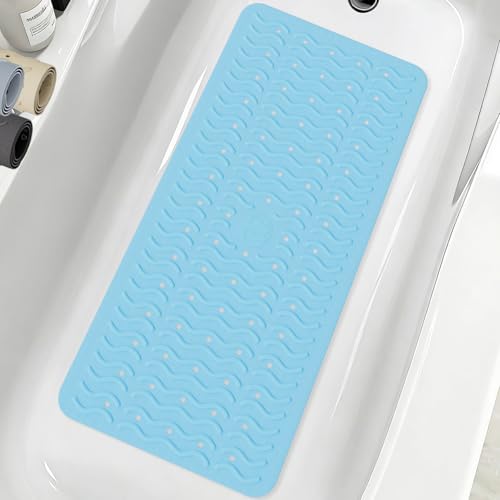 Non Slip Bathtub Mat & Shower Mat, 31x15 Anti Slip Bath Mat for Tub, Soft TPE Anti-Skid Bathroom Mat with 194 Suction Cups & Drain Holes, Wave-Textured Grip, Machine Washable (Light Blue) - color: Light Blue