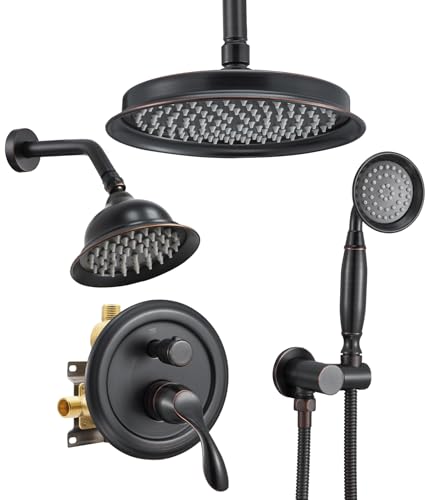 DASAN Antique Dual Shower Head Faucet Set, Oil Rubbed Bronze Dual Rain Shower Head System Complete Double Head Shower Fixture Combo, 9'' & 6'' Dual Rainfall Overhead Shower with Handheld, Valve & Trim - color: Oil Rubbed Bronze