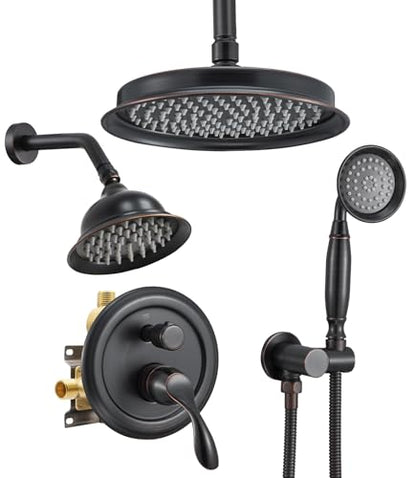 DASAN Antique Dual Shower Head Faucet Set, Oil Rubbed Bronze Dual Rain Shower Head System Complete Double Head Shower Fixture Combo, 9'' & 6'' Dual Rainfall Overhead Shower with Handheld, Valve & Trim - color: Oil Rubbed Bronze