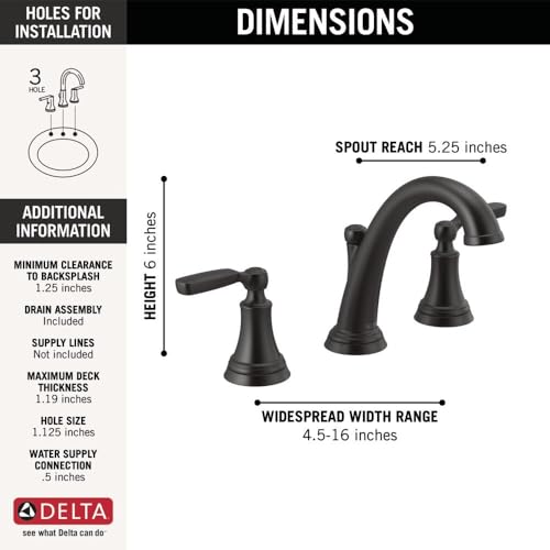 Delta Woodhurst Matte Black Bathroom Faucet 3 Hole, 8 Inch Widespread Bathroom Sink Faucet for Vanity, Metal Push-Pop Drain Assembly, Matte Black 3532LF-BLMPU - color: Matte Black