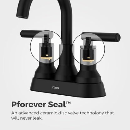 Pfister Capistrano 4 in Centerset 3-Hole Matte Black Bathroom Sink Faucet with 2-Handle Push & Seal Drain Technology WaterSense NSF Certified Vanity Faucet LF048CSOSDB - color: Spot Defense Matte Black, size: 1 Pack