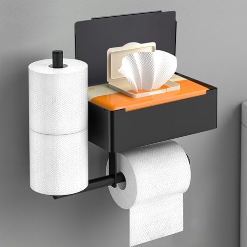 Toilet Paper Roll Holder, Wall-Mounted Bathroom Tissue Organizer with Storage Shelf, Adhesive Toilet Paper Holder Modern Matte Black,12.37L x 5.11W inches