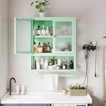 Bathroom Wall Cabinet with 2 Glass Door, Bathroom Medicine Cabinet with Towels Bar and Shelves, Over The Toilet Storage Cabinet, Metal Wall Mounted Cabinet for Laundry Room Kitchen (Green) - color: Green