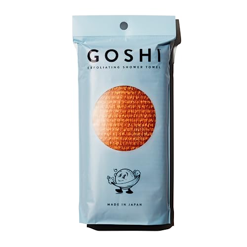 GOSHI Exfoliating Shower Towel - Long Body Scrubber, Orange | For back acne, KP & smooth skin, durable quick dry nylon washcloth, ethically crafted in Gunma, Japan - color: Yellow
