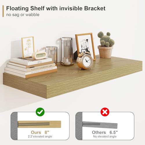Heimlove 12" Deep Oak Floating Shelves,Over Toilet Long Wall Mounted Modern Farmhouse 36 inches,Wall Shelves with Invisible Brackets for Bedroom, Bathroom, Living Room, Kitchen, Set of 1 - color: Oak, size: 35.4"W x 11.6"D x 2"H, 1 Pack