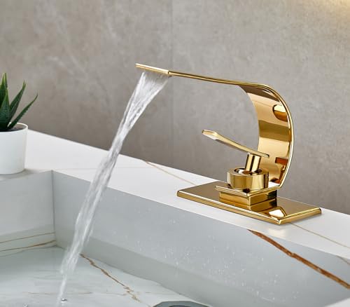 becola Modern Bathroom Sink Faucet, Single Handle Bathroom Faucets for Sink 1 Hole, Low Arc Touch On Faucet, Gold Hot and Cold Water Mixer Tap with Deck Plate - Gold - color: Gold