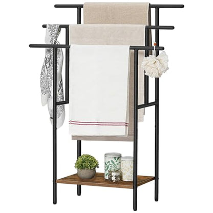 HOOBRO 39.4" Tall Freestanding Towel Rack for Bathroom, 3 Tier Stepped Blanket Rack with Shelf, Oversized Bath Towels Drying and Display Rack, Black and Rustic Brown BF50LB01 - color: Rustic Brown + Black