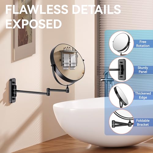 Auxmir 8" Double-Sided Wall-Mounted Makeup Mirror, 1X/30X Magnifying Mirror | stainless steel, 13-inch extendable swivel arm, 360°shaving rotation, bathroom makeup mirror, tweezers, Black - color: Black-1x/30x