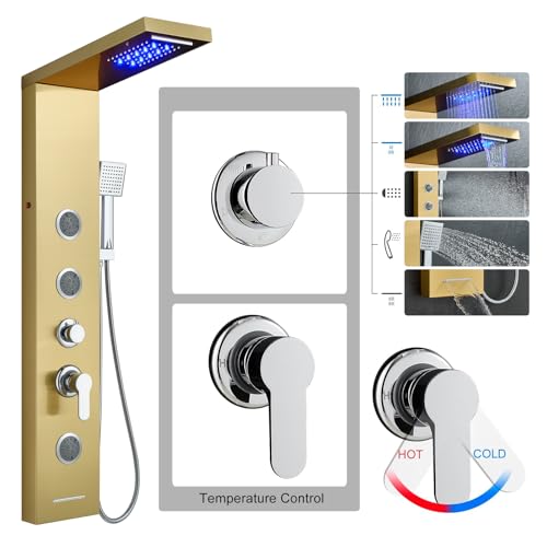 5-in-1 Shower Panel Tower System with LED Lights, 2-in-1 Body Massage, Rainfall, Waterfall,Handheld and Tub Spout, Stainless Steel Shower Column - Gold - color: Gold - 2-in-1 Body Jets