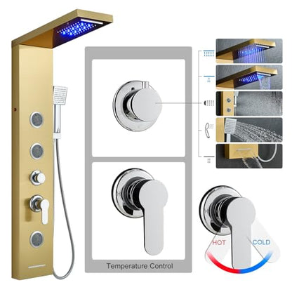 5-in-1 Shower Panel Tower System with LED Lights, 2-in-1 Body Massage, Rainfall, Waterfall,Handheld and Tub Spout, Stainless Steel Shower Column - Gold - color: Gold - 2-in-1 Body Jets