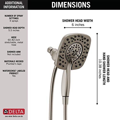 Delta 4-Setting In2ition 2-in-1 Dual Shower Head with HandHeld Spray, Brushed Nickel Detachable Shower Head with Hose, Showerhead, 1.75 GPM Flow Rate, Stainless 58498-SS - color: Stainless
