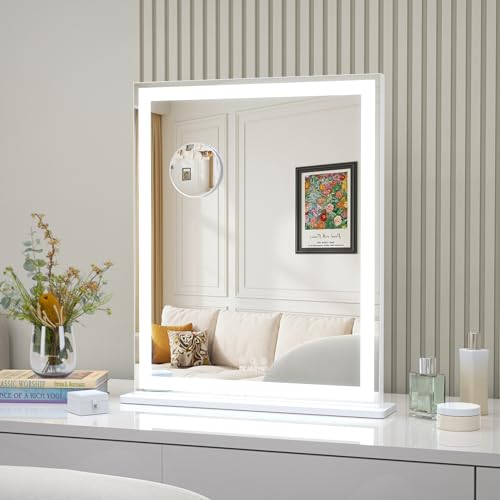 ANYHI Makeup Mirror with Lights, 24"x20.5" Lighted Vanity Mirror with 10X Magnifying, 3 Color Modes, Dimmable, Smart Touch Control, Memory Function, USB Charging Port, Tabletop/Wall Mount, White - color: White, size: 24"L x 20.5"W