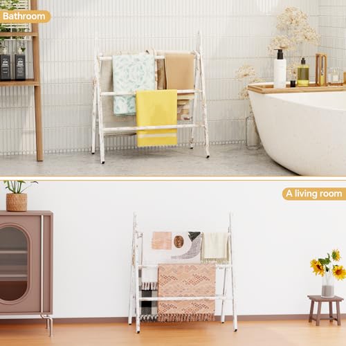 Delywh 6-Tier Wide Double Blanket Ladder Wood, Rustic Decorative Towel Rack for Big Blanket, Towel, Quilt, Clothes - Freestanding Blanket Holder Towel Ladder Decor Stand for Living Room, Bedroom