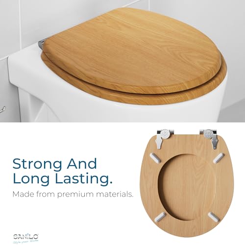 SANILO Wooden Toilet Seat with Soft Close [ROUND] - Decorative, Quiet & Slow Close Molded Wood Seat - With Strong Bumpers & Hinges - Adjustable Fit – Wood - color: Wood
