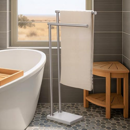 KES Standing Towel Rack, Heavy Natural Marble Base, 2-Tier, Brushed Steel | 304 Stainless Steel Frame, 36-Inch Tall Bar Fits Bath Sheets, 9.3 Lb Weighted Base Prevents Tipping, No-Drill Assembly - size: 33-37 inch (2-tier, Variable Height)