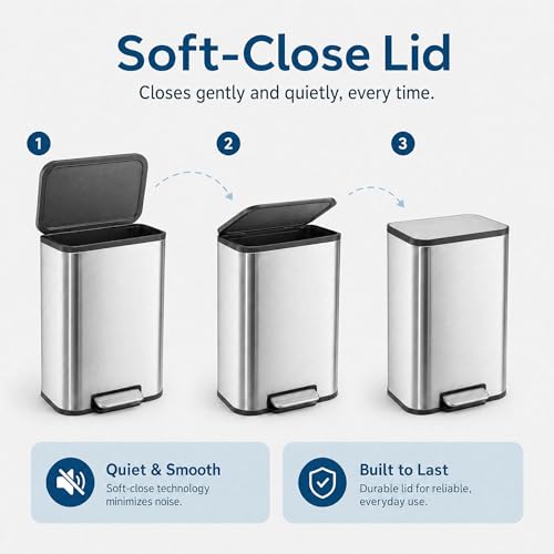 GarveeHome 3.2 Gal Stainless Steel Bathroom Trash Can with Lid, Silver | Rectangular Small Step Waste Bin, Hands-Free Foot Pedal, Removable Inner Bucket, Quiet Close, for Bedroom Restroom - color: Stainless Steel, size: 12 L