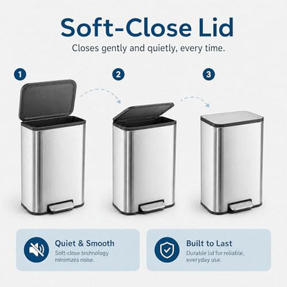 GarveeHome 3.2 Gal Stainless Steel Bathroom Trash Can with Lid, Silver | Rectangular Small Step Waste Bin, Hands-Free Foot Pedal, Removable Inner Bucket, Quiet Close, for Bedroom Restroom - color: Stainless Steel, size: 12 L
