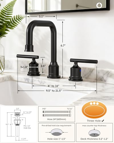 WOWOW Black Bathroom Faucet 3 Hole, Widespread Vanity Sink Faucets 8 Inch | Copper Inlet Matte Black Faucet for Bathroom Sink with Swivel Spout, Two Handles Lavatory Tap with Drain and cUPC Supply Line - color: Black, style: Upgrade-8 Inch