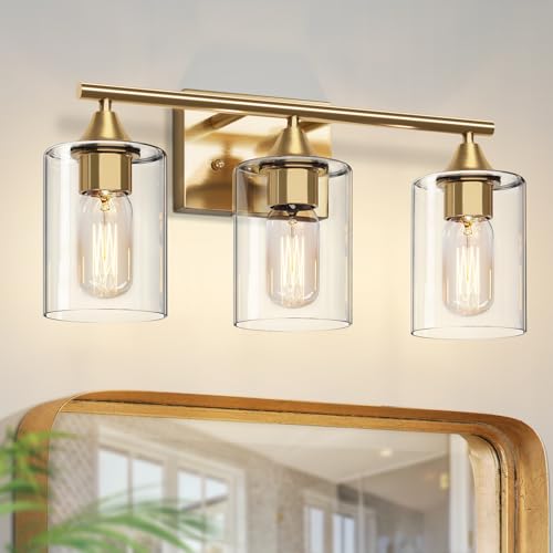 Gold Bathroom Light Fixtures,3-Light Vanity Lights,Modern Brushed Brass Gold Wall Sconce Lighting,Bathroom Wall Lamp for Mirror Bedroom Living Room Vanity Table Hallway - color: Gold, size: 3-Light