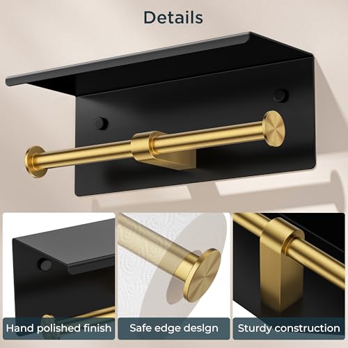 FORIOUS Toilet Paper Holder with Shelf, Commercial Toilet Paper Dispensers | Black and Gold | Wall Mount Bathroom Tissue Holder | SUS304 Stainless Steel Rustproof | Double Tissue Roll Holder - color: Matte Black & Brushed Gold
