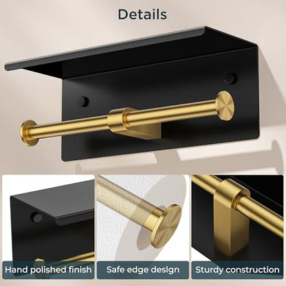 FORIOUS Toilet Paper Holder with Shelf, Commercial Toilet Paper Dispensers | Black and Gold | Wall Mount Bathroom Tissue Holder | SUS304 Stainless Steel Rustproof | Double Tissue Roll Holder - color: Matte Black & Brushed Gold