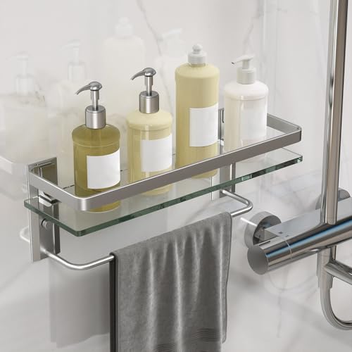 Bathroom Wall Shelf with Towel Bar, Clear Tempered Glass, Hand Towel Holder (Matte Silver) - color: Silver, size: Shelf with Towel Bar
