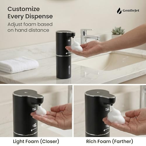 GentleJet JetFoam Automatic Foam Soap Dispenser Touchless Sensor, USB-C Rechargeable, Adjustable Output, IPX5 Waterproof, 300 ml, Bathroom & Kitchen Countertop - color: Black