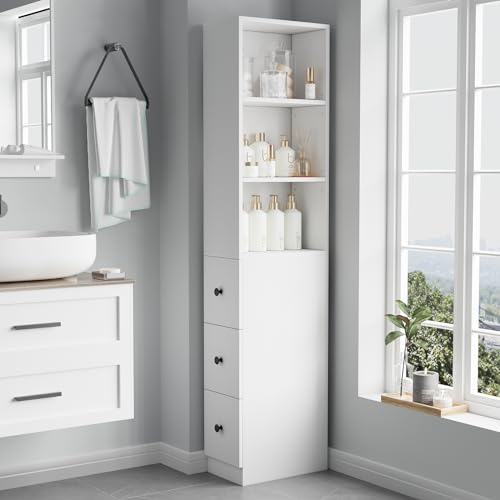 ARTETHYS Tall Narrow Free Standing Bathroom Storage Cabinet Set of 2, White | 3-Level Adjustable Shelves, Home - Space Saver for Living Room Kitchen, 3 Drawers - color: White Set of 2