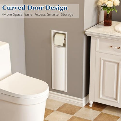 Qeke Recessed Toilet Paper Holder with Curved Door, Matte White, 4" Depth | 304 Stainless Steel, in Wall Tissue Paper Holder for Bathroom, Perfect Depth Fits Standard American Drywall