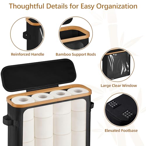 Livole Toilet Paper Storage Basket with Lid & Toilet Tank Basket | Free Standing, Large Capacity for 20 Regular Rolls or 15 Mega Rolls, Dual Handles, Clear Side Window, Bathroom, Black - color: Black